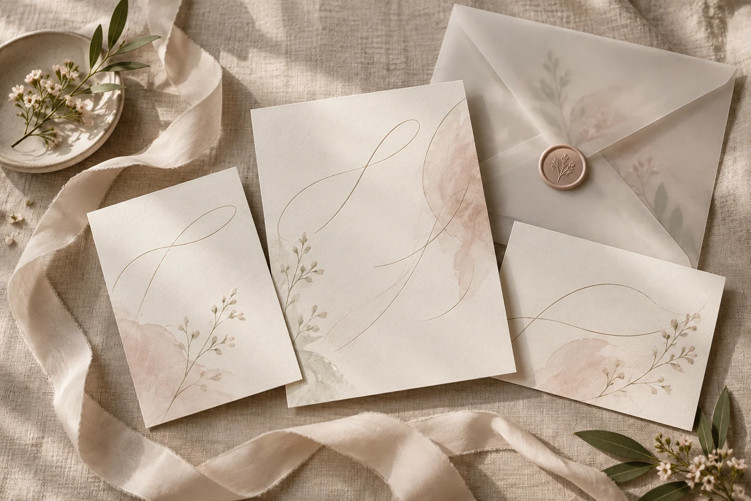 Three ivory wedding stationery cards with ribbon and flowers