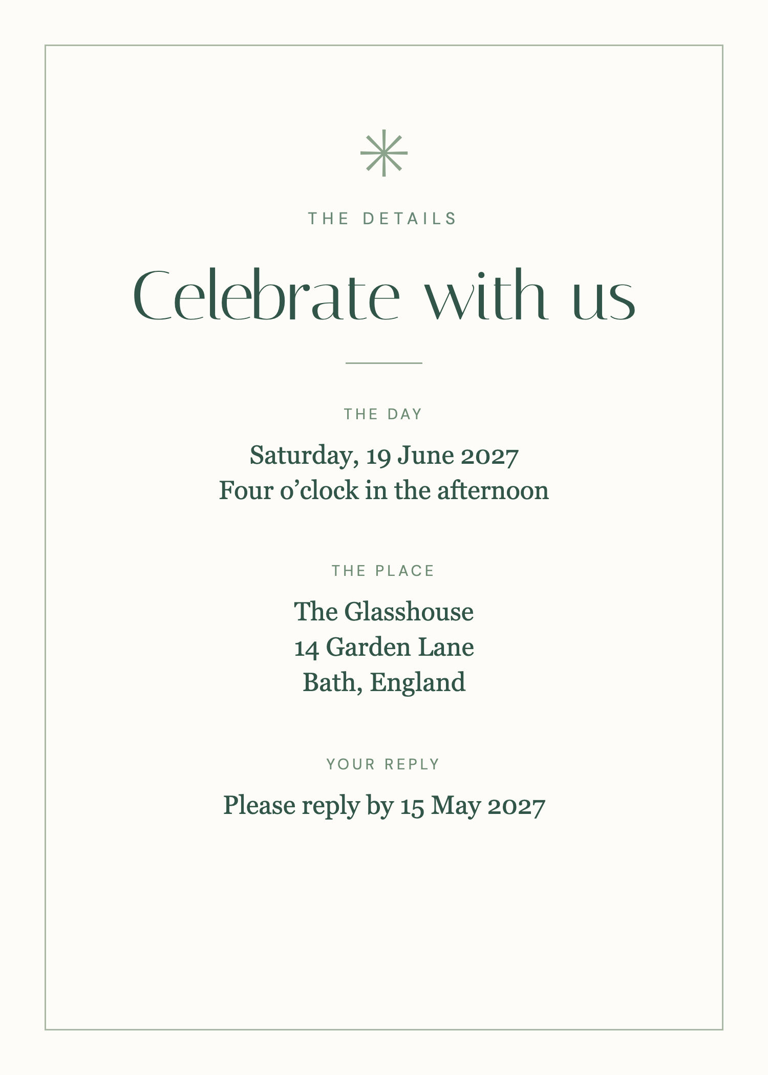 Matching wedding details card with place and reply information
