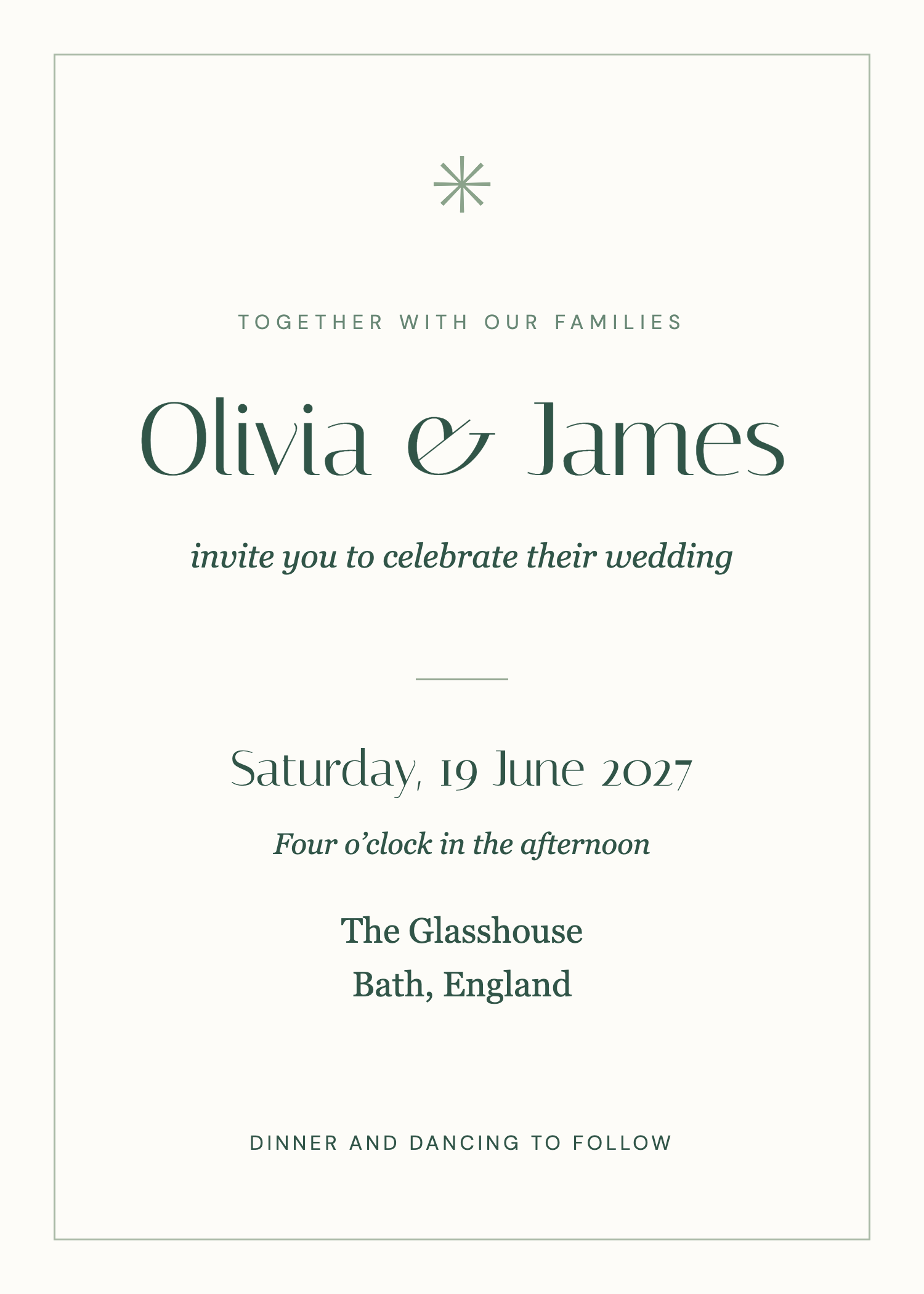 Olivia and James wedding invitation with date and venue